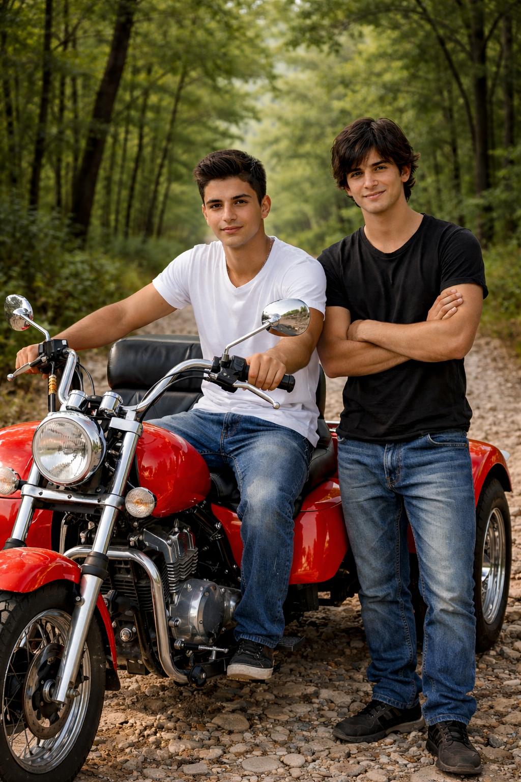 Two young men beside a three-wheeled motorcycle, evoking Damian and Adonis