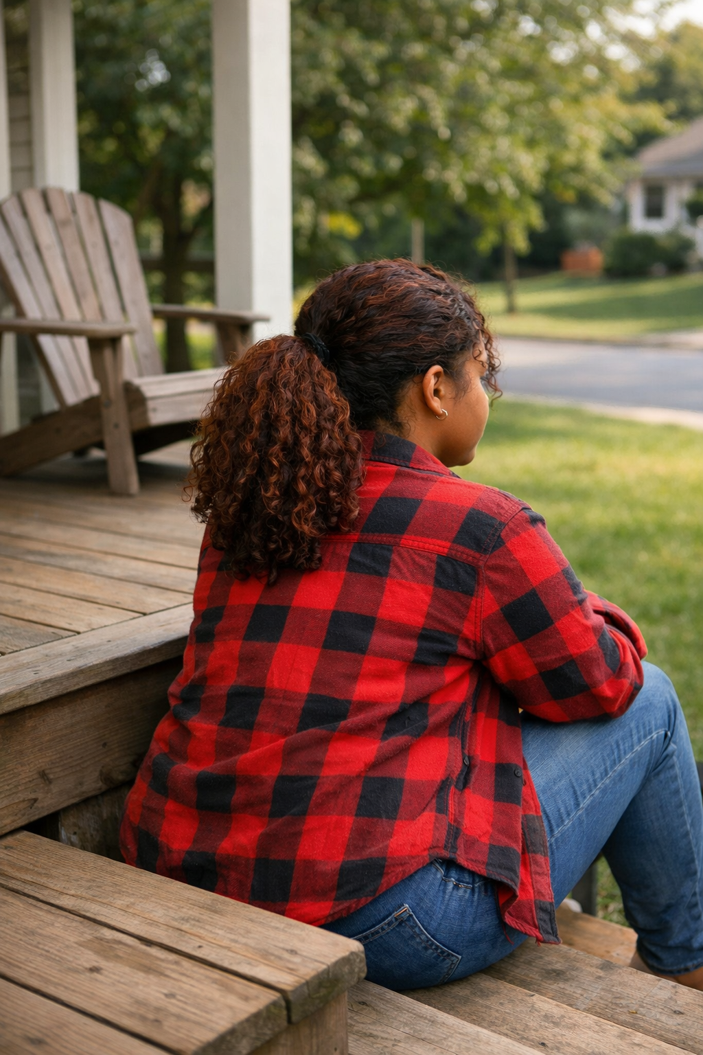 A young woman sitting on a suburban porch, evoking a neighborhood memory