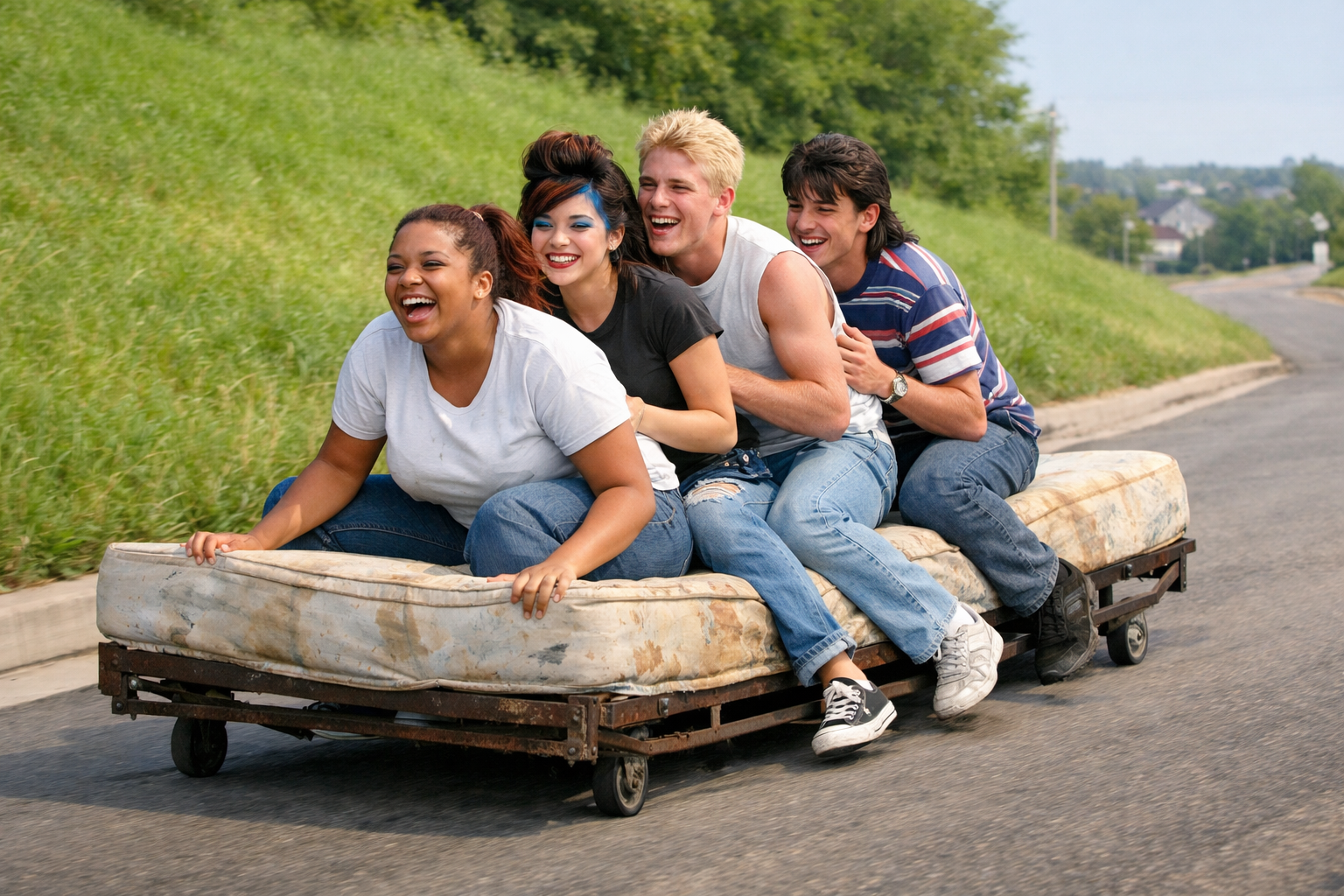Teenagers riding a discarded rollaway bed, evoking neighborhood bulk-pickup adventures