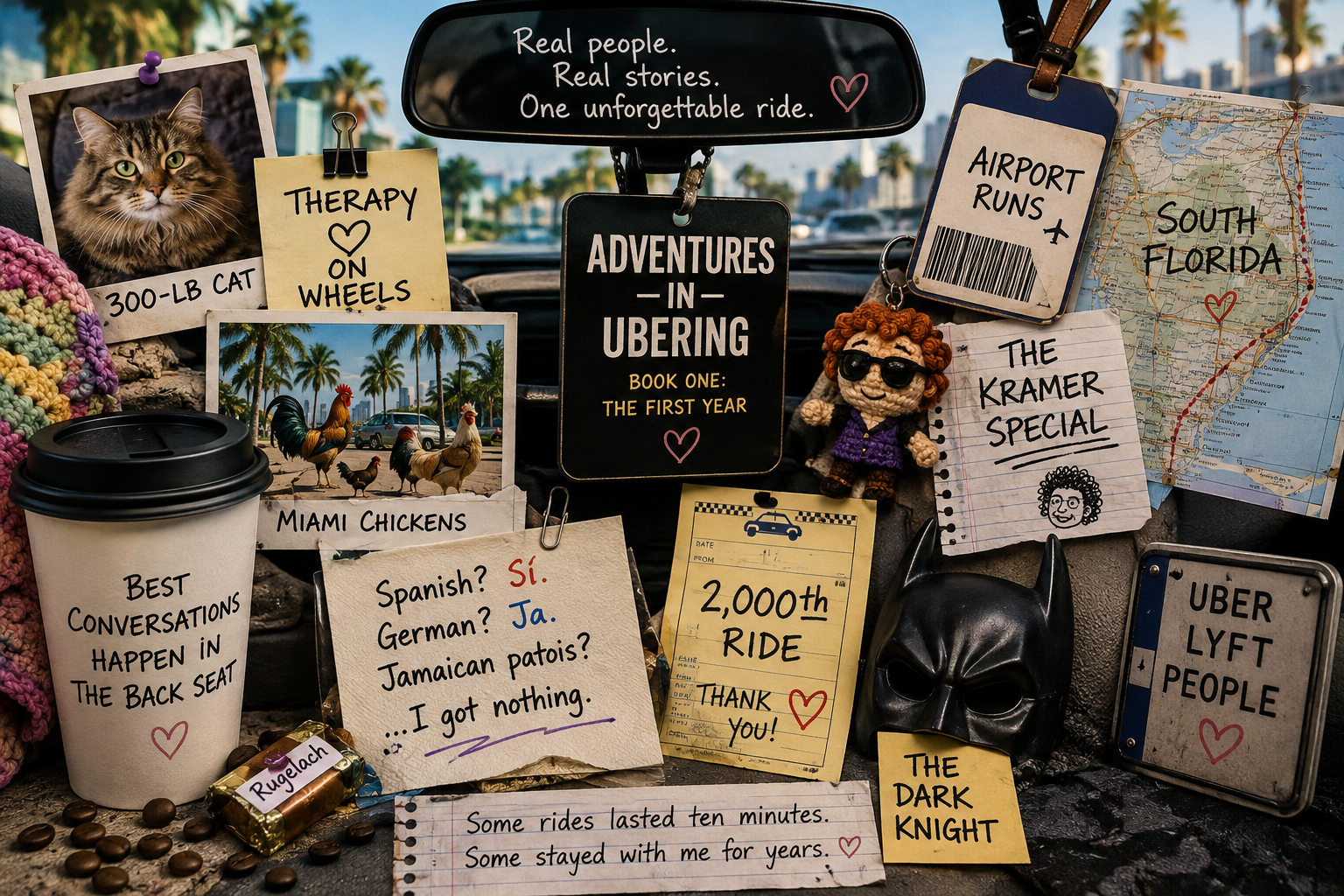 A colorful South Florida rideshare memory board filled with keepsakes and hints from Jacqueline's first year behind the wheel